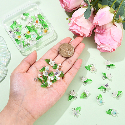 40Pcs 8 Colors Natural Mixed Gemstone & ABS Plastic Imitation Pearl & Acrylic Leaf Pendants PALLOY-YW00095-1