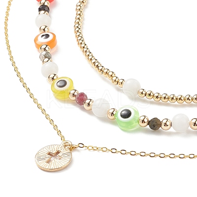 3Pcs 3 Style Natural White Moonstone & Resin Evil Eye Beaded Necklaces Set NJEW-JN04026-1