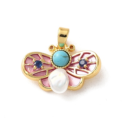 Brass Pave Blue Cubic Zirconia Pearl Pink Butterfly Pendants KK-P320-11A-G-1