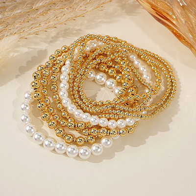 9Pcs Brass & Plastic Imitation Pearl Round Beads Stretch Bracelets for Women QZ7460-1-1