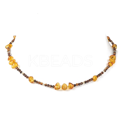 Natural Amber Chip and Faceted Round Tiger Eye Beaded Necklaces NJEW-JN05880-1