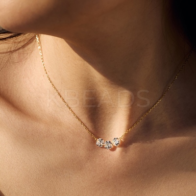 Clear Cubic Zirconia 3 Flat Round Link 925 Sterling Silver Cable Chain Necklaces for Women NJEW-S457-08G-1