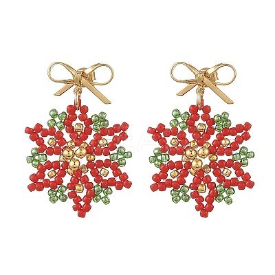 Christmas Glass & Brass Beads Braided Dangle Earrings EJEW-MZ00811-1