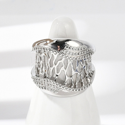 Brass Micro Pave Clear Cubic Zirconia Open Cuff Rings for Women RJEW-A059-05P-1