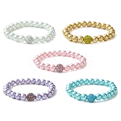 5Pcs 5 Color Imitation Pearl Glass & Rhinestone Round Bead Stretch Bracelets Set BJEW-JB09692-S-1