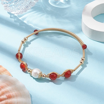 Natural Carnelian Round Beaded Cuff Bangle BJEW-JB10113-03-1