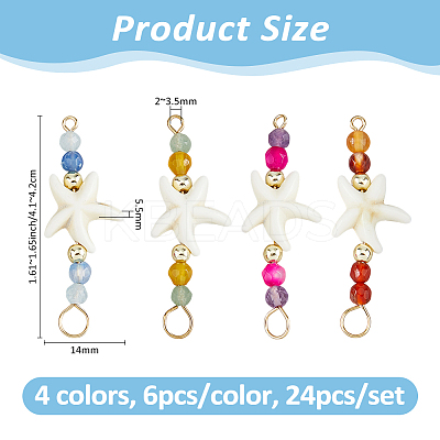24Pcs 4 Colors Summer Beach Dyed Synthetic Turquoise Starfish & Natural Mixed Stone Faceted Round Beaded Connector Charms PALLOY-FH00159-1