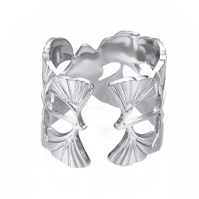 Non-Tarnish 304 Stainless Steel Ginkgo Leaf Wrap Open Cuff Ring RJEW-T023-28P-1