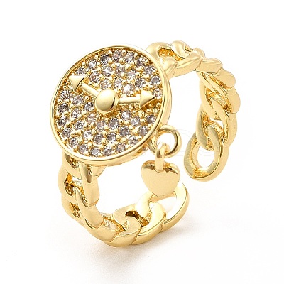 Clear Cubic Zirconia Watch with Heart Charm Open Cuff Ring KK-H439-04G-1