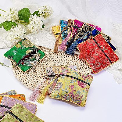 14Pcs 14 Colors Chinese Brocade Tassel Zipper Jewelry Bag Gift Pouch ABAG-NB0001-21-1