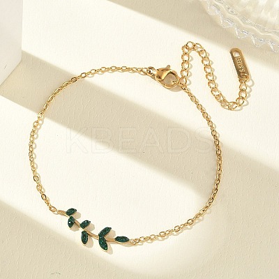 304 Stainless Steel Rhinestone Leaf Link Bracelets SA-CBA5F76-03G-03-1
