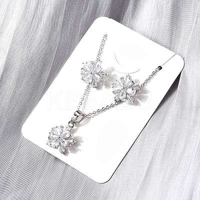 Flower Brass Micro Pave Clear Cubic Zirconia Stud Earrings & Pendant Necklaces Sets SJEW-Z002-04P-1