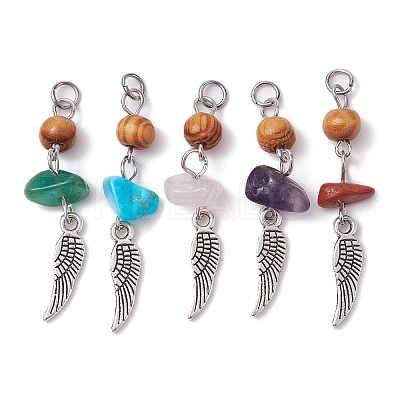 5Pcs 5 Styles Natural Mixed Gemstone Chip Pendants with Wood Beads PALLOY-JF02297-S-1