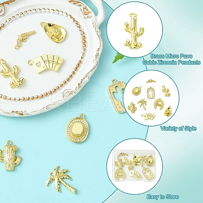 9Pcs 9 Styles Brass Micro Pave Cubic Zirconia Pendants KK-CJ0003-09-1