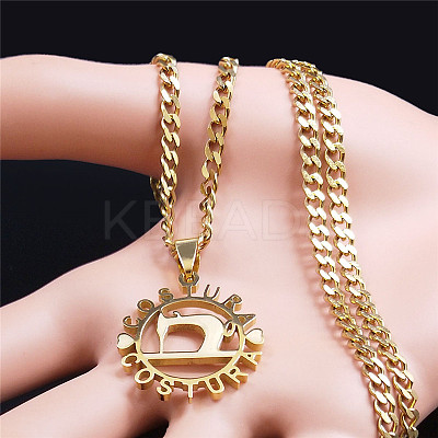 201 Stainless Steel Costura Sewing Machine Holloe Pendant Necklaces NJEW-K283-28G-1