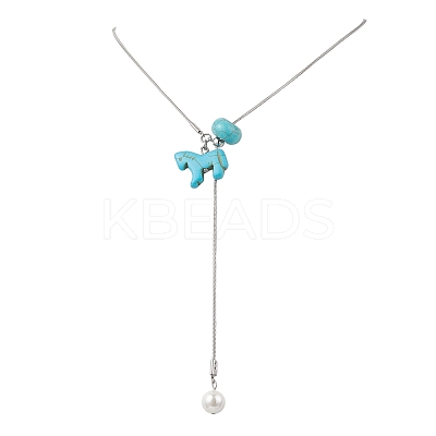 4Pcs 4 Color Dyed Synthetic Turquoise Horse with Shell Pearl Beads Pendant Necklaces NJEW-JN05895-1