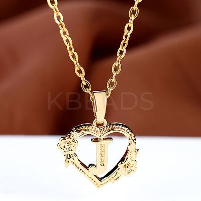 Brass Rose Flower Heart with Letter Pendant Cable Chain Necklaces FS-WG42461-10-1
