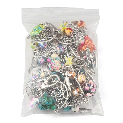 10Pcs 5 Styles Starfish Turtle Synthetic Turquoise & Alloy Pendant Decoration HJEW-FZ00041-1