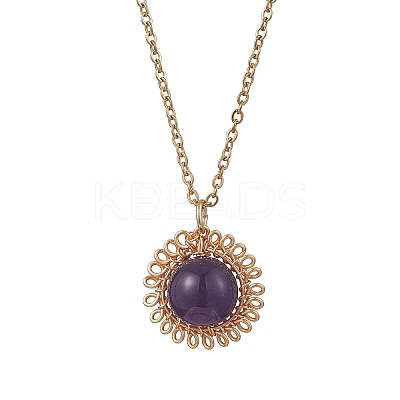 Natural Amethyst & Green Aventurine & Rose Quartz & Lapis Lazuli & Carnelian Copper Wire Wrapped Flower Pendant 304 Stainless Steel Cable Chain Necklaces for Women NJEW-JN05616-1