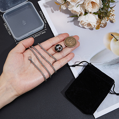 1Pc 304 Stainless Steel Black Enamel Football Pendant Wheat Chain Necklaces NJEW-BBC0001-31-1