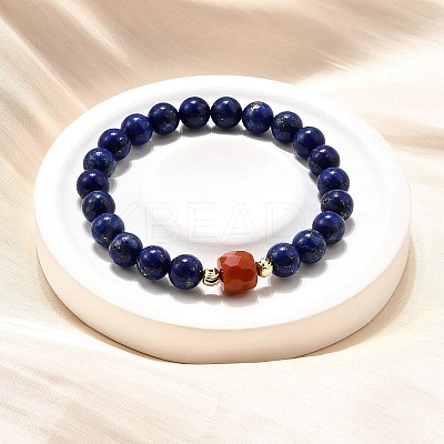 Natural Lapis Lazuli Round Beads & South Red Agate Bead Stretch Bracelets BJEW-Z101-01-1