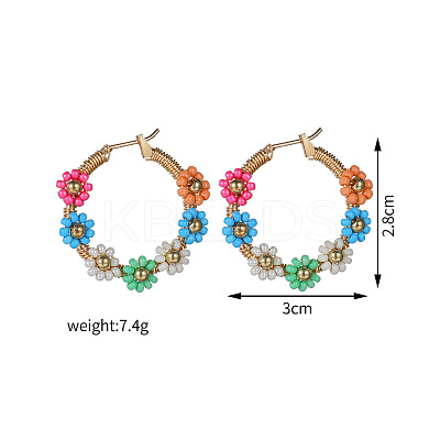 Flower Brass Glass Seed Beaded Hoop Earrings FS-WG0698E-01-1