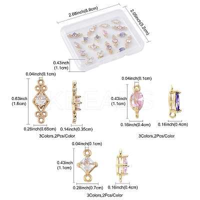 18Pcs 9 Styles Brass Pave Transparent Glass Links/Connectors GLAA-FS0002-35-1