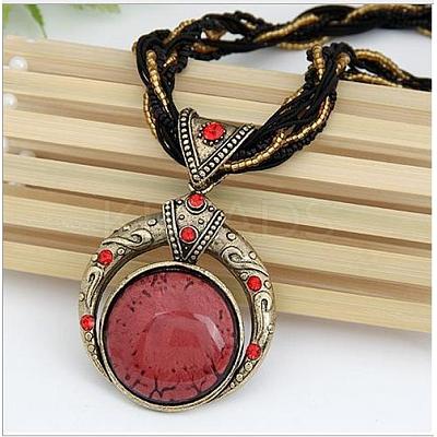 Bohemian Style Flat Round Alloy & Resin Imitation Gems Pendant Necklaces WG23E28-01-1