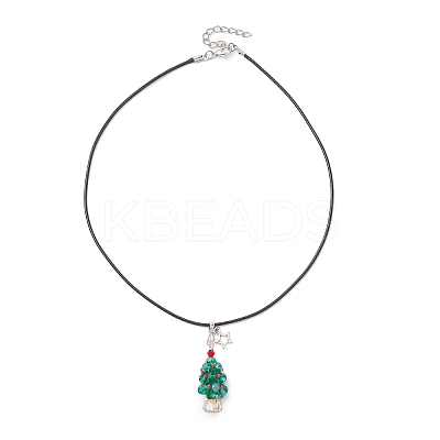 Electroplate Glass Beaded Dark Cyan Christmas Tree & Alloy Star Pendant Black Waxed Cotton Cord Necklaces NJEW-MZ00123-02-1