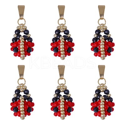 6Pcs Glass Seed Beaded Ladybird Pendants PALLOY-CA00021-1