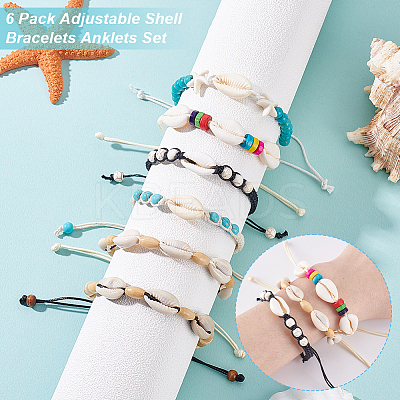 6Pcs 6 Styles Natural Turquoise & Cowrie Shell Braided Beads Bracelets Sets BJEW-GA0001-17-1