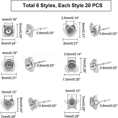 120Pcs Heart & Flower & Star & Square 304 Stainless Steel Ear Stud Components STAS-UN0026-39-1