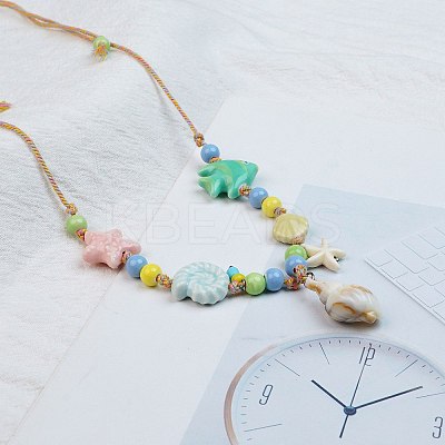 Ceramics Starfish Fish & Resin Shell Shape Pendant Adjustable Cotton Cord Necklaces for Women LS-NJEW-Z100-01B-G-1
