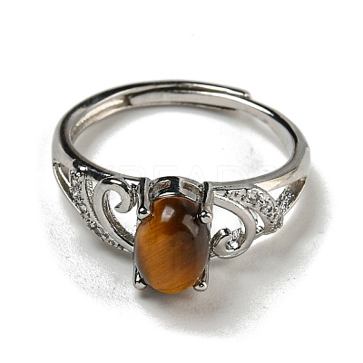 Oval Natural Tiger Eye Adjustable Rings RJEW-Q818-01P-10B-1