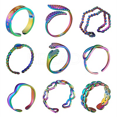 9Pcs 9 Style 304 Stainless Steel Hand & Infinite & Heart & Moon Cuff Rings RJEW-SZ0001-19-1