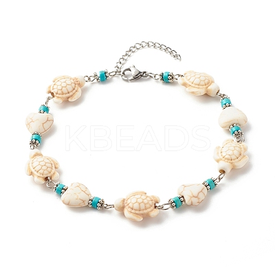 Heart & Tortoise Synthetic Turquoise Beaded Anklet AJEW-AN00459-01-1