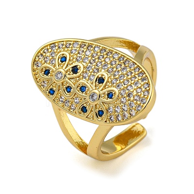 Oval with Flower Brass Micro Pave Cubic Zirconia Open Cuff Rings for Women RJEW-Z050-15G-1