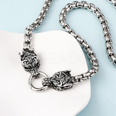 304 Stainless Steel Double Wolf Head Pendant Box Chain Necklaces NJEW-C099-01-1