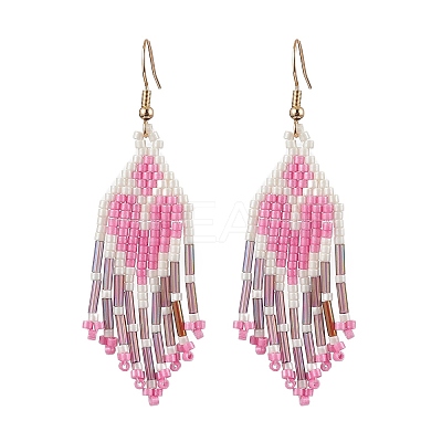 Heart Glass Seed Beaded Tassel Dangle Earrings for Women EJEW-MZ00201-02-1