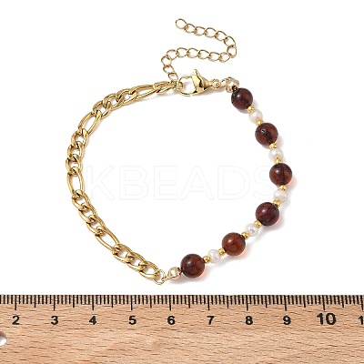 Natural Amber & Cultured Freshwater Pearl Beads Link Bracelets BJEW-JB13694-02-1