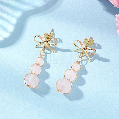 Natural Rose Quartz Bowknot with Round Dangle Stud Earrings EJEW-JE06780-01-1