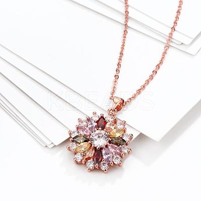 Real Rose Gold Plated Brass Cubic Zirconia Flower Pendant Necklaces NJEW-BB04540-1