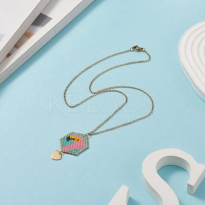 Glass Seed Braided Hexagon with Flamingo Pendant Necklace NJEW-MZ00014-1