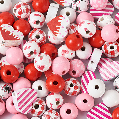 120Pcs 9 Styles Valentine's Day Painted Natural Wood Beads WOOD-KS0001-20-1