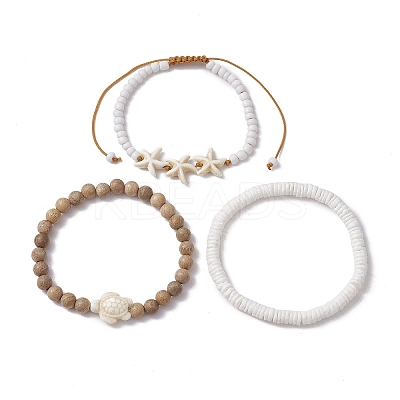 3Pcs 3 Styles Tortoise Round Wood & Disc Sea Shell Beaded Stretch Bracelet Sets BJEW-JB10311-1