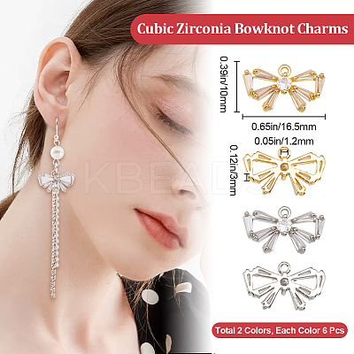 12Pcs 2 Colors Brass with Clear Cubic Zirconia Charms ZIRC-BBC0002-63-1