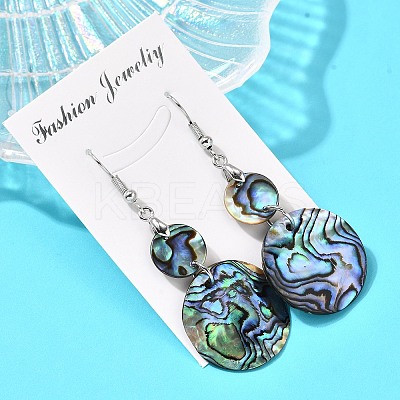 Brass Natural Paua Shell Flat Round Dangle Earrings EJEW-S278-01P-1