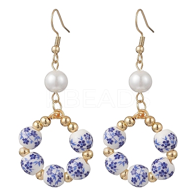 Printed Porcelain Round Dangle Earrings EJEW-JE06838-1
