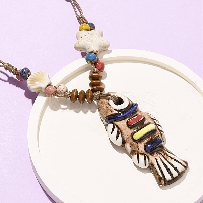 Ceramic Fish Pendant Adjustable Waxed Cord Necklaces for Women NJEW-B146-01-1