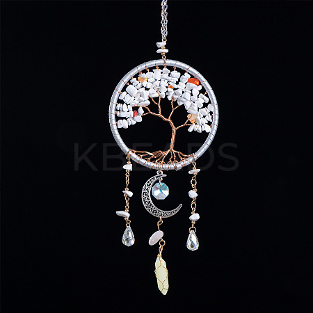 Copper Wire Wrapped Natural Howlite Chips Tree of Life Hanging Ornaments PW-WG23767-01-1